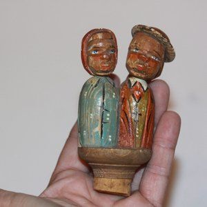 Vintage ANRI Kissing Couple Hand Carved Wood Wine Bottle Topper  Stopper Cork